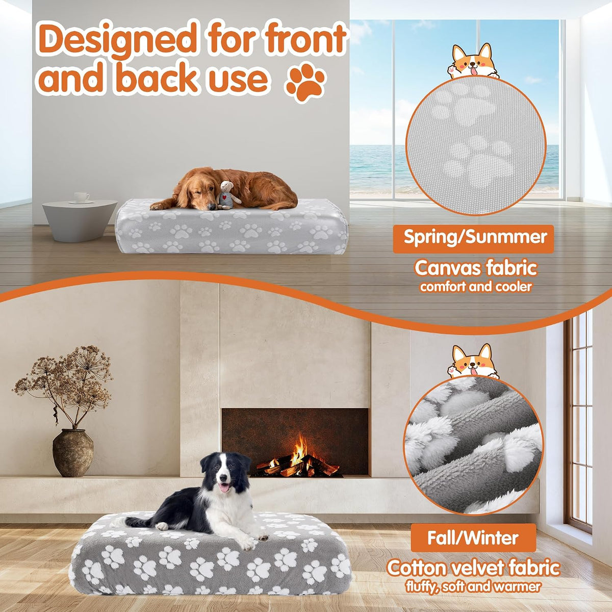 Washable Dog Bed Cover 100% Waterproof, Soft Plush Velvet Dog Bed Covers Replacement Only, Fitted Reusable Cover for Pet Mat Bed(44x35x6in)