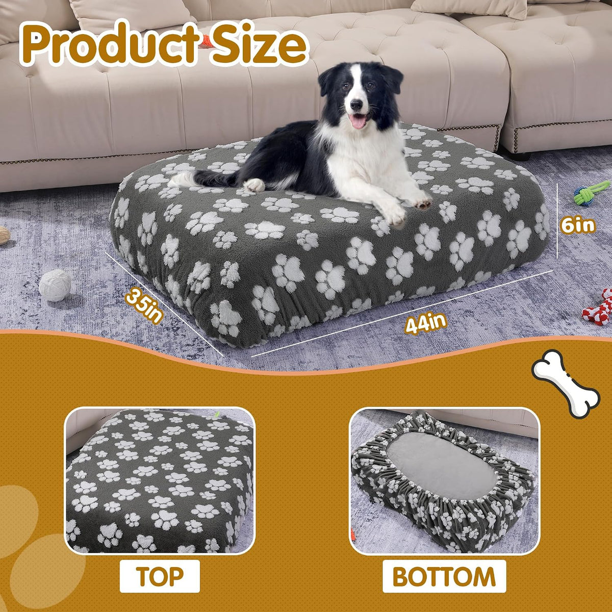 Washable Dog Bed Cover 100% Waterproof, Soft Plush Velvet Dog Bed Covers Replacement Only, Fitted Reusable Cover for Pet Mat Bed(44x35x6in)