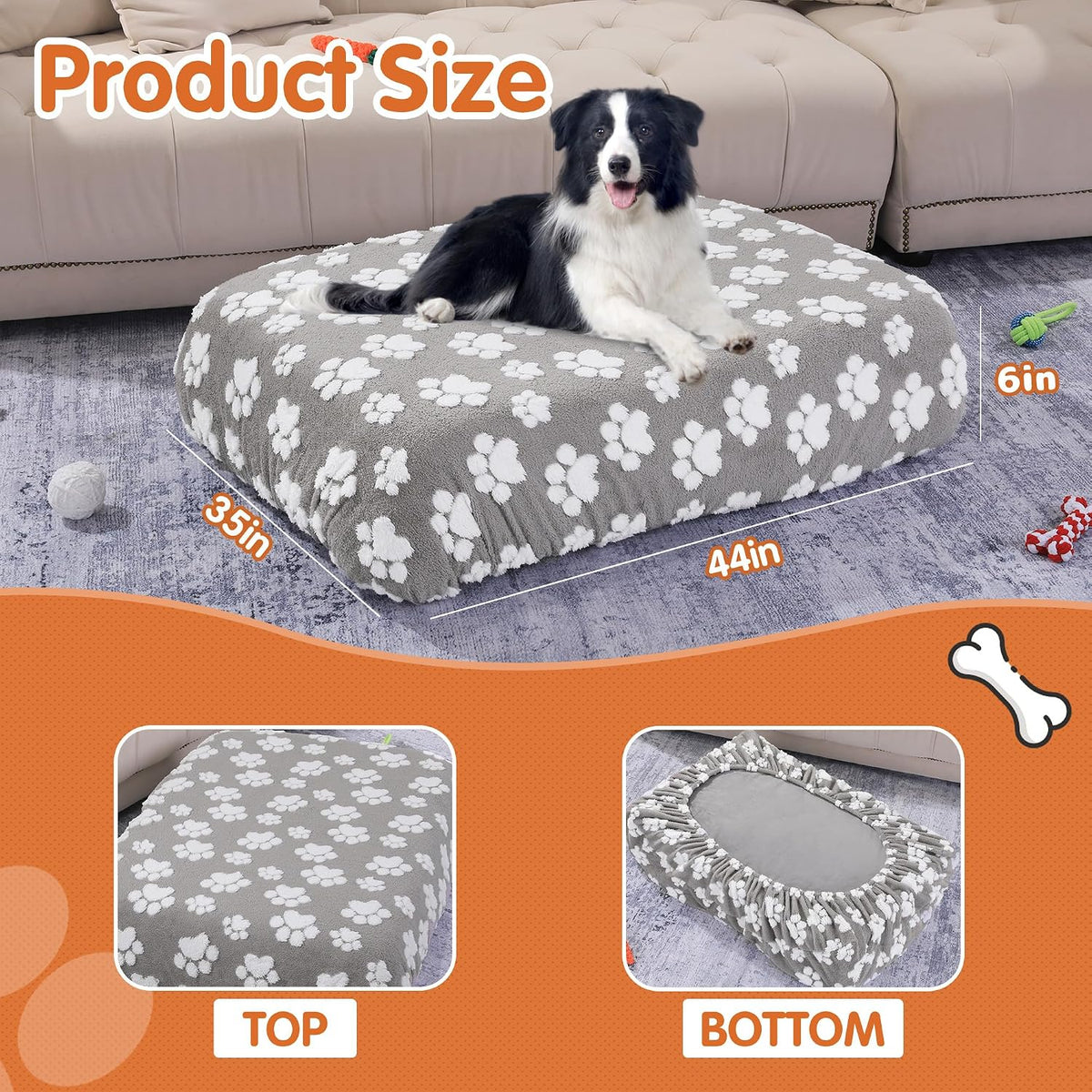 Washable Dog Bed Cover 100% Waterproof, Soft Plush Velvet Dog Bed Covers Replacement Only, Fitted Reusable Cover for Pet Mat Bed(44x35x6in)