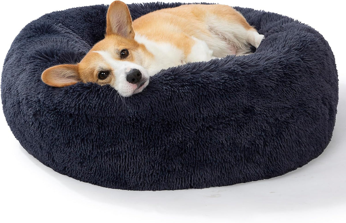 30 inches Calming Donut Dog Bed - 3X Durable Plush Faux Fur, Machine Washable & Non-Slip, Fits up to 45 lbs, Dark Grey