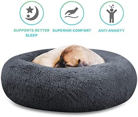 30 inches Calming Donut Dog Bed - 3X Durable Plush Faux Fur, Machine Washable & Non-Slip, Fits up to 45 lbs, Dark Grey