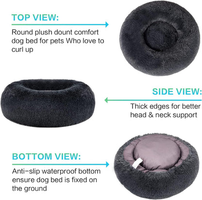 30 inches Calming Donut Dog Bed - 3X Durable Plush Faux Fur, Machine Washable & Non-Slip, Fits up to 45 lbs, Dark Grey