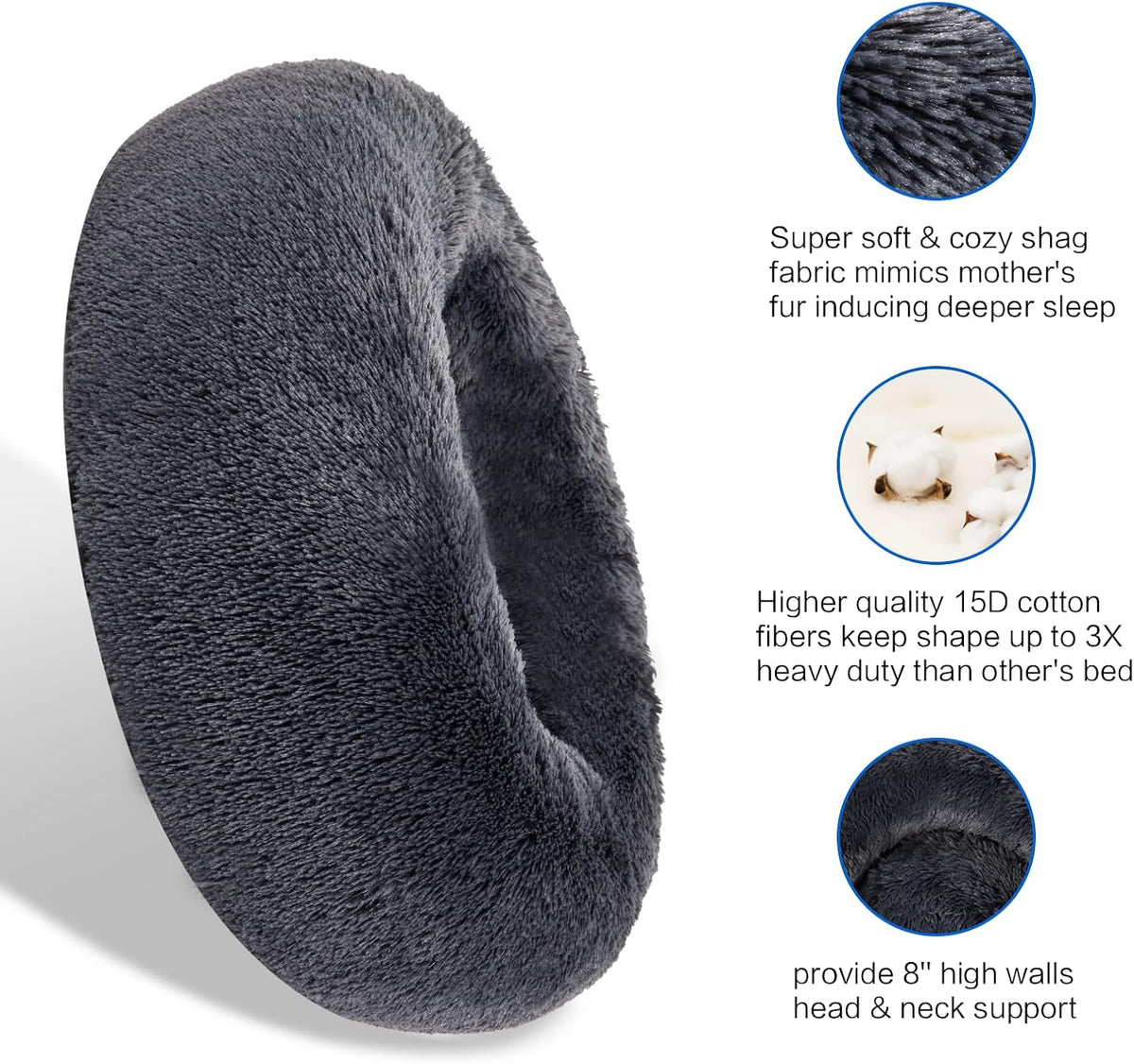 30 inches Calming Donut Dog Bed - 3X Durable Plush Faux Fur, Machine Washable & Non-Slip, Fits up to 45 lbs, Dark Grey