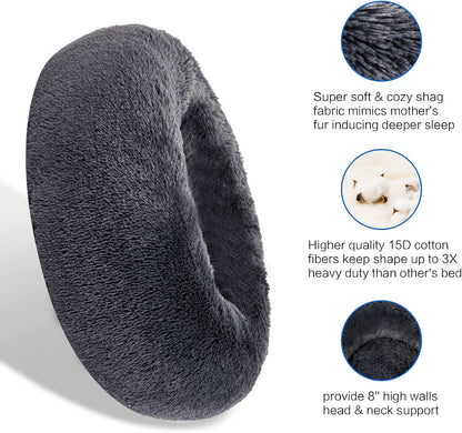 30 inches Calming Donut Dog Bed - 3X Durable Plush Faux Fur, Machine Washable & Non-Slip, Fits up to 45 lbs, Dark Grey