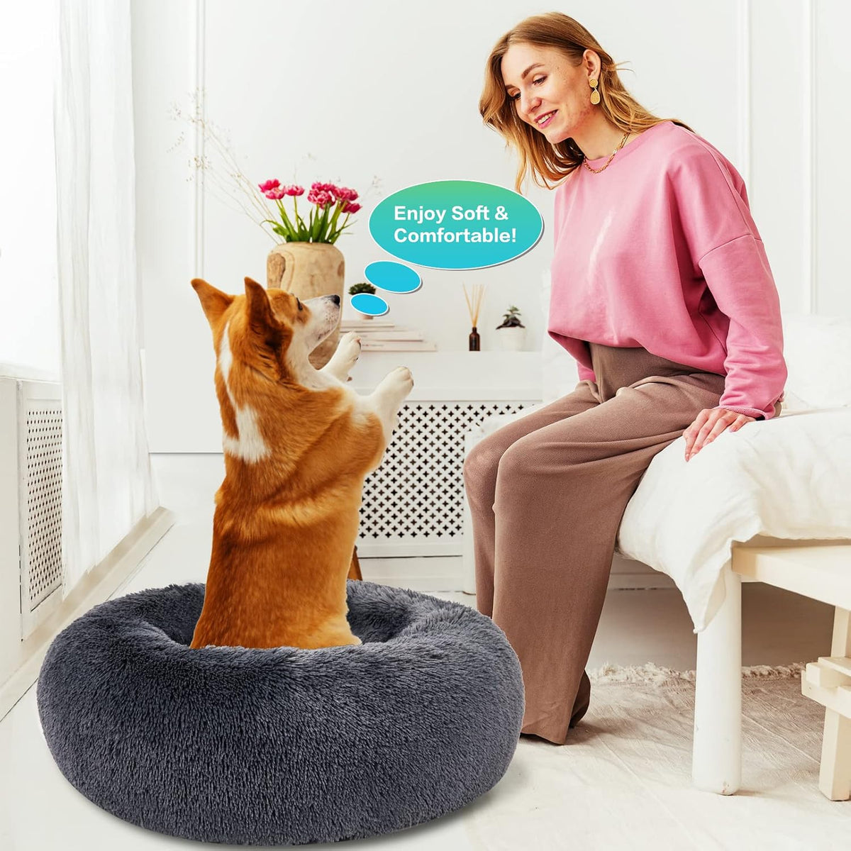 30 inches Calming Donut Dog Bed - 3X Durable Plush Faux Fur, Machine Washable & Non-Slip, Fits up to 45 lbs, Dark Grey