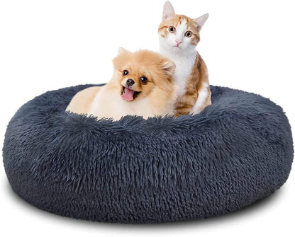 30 inches Calming Donut Dog Bed - 3X Durable Plush Faux Fur, Machine Washable & Non-Slip, Fits up to 45 lbs, Dark Grey
