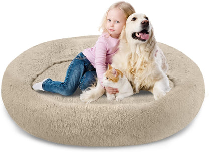30 inches Calming Donut Dog Bed - 3X Durable Plush Faux Fur, Machine Washable & Non-Slip, Fits up to 45 lbs, Dark Grey
