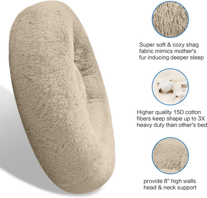 30 inches Calming Donut Dog Bed - 3X Durable Plush Faux Fur, Machine Washable & Non-Slip, Fits up to 45 lbs, Dark Grey
