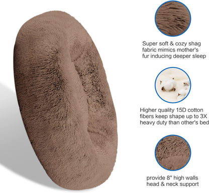 30 inches Calming Donut Dog Bed - 3X Durable Plush Faux Fur, Machine Washable & Non-Slip, Fits up to 45 lbs, Dark Grey