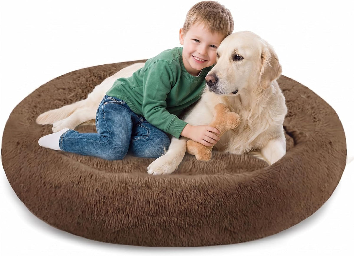 30 inches Calming Donut Dog Bed - 3X Durable Plush Faux Fur, Machine Washable & Non-Slip, Fits up to 45 lbs, Dark Grey