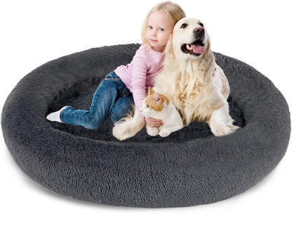 30 inches Calming Donut Dog Bed - 3X Durable Plush Faux Fur, Machine Washable & Non-Slip, Fits up to 45 lbs, Dark Grey