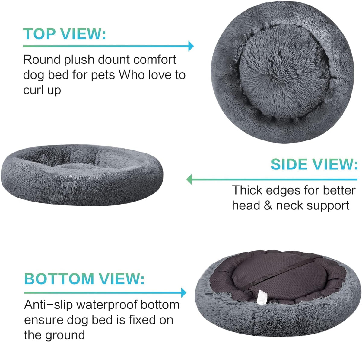 30 inches Calming Donut Dog Bed - 3X Durable Plush Faux Fur, Machine Washable & Non-Slip, Fits up to 45 lbs, Dark Grey