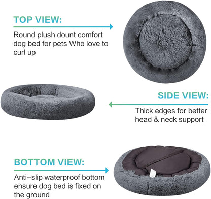30 inches Calming Donut Dog Bed - 3X Durable Plush Faux Fur, Machine Washable & Non-Slip, Fits up to 45 lbs, Dark Grey