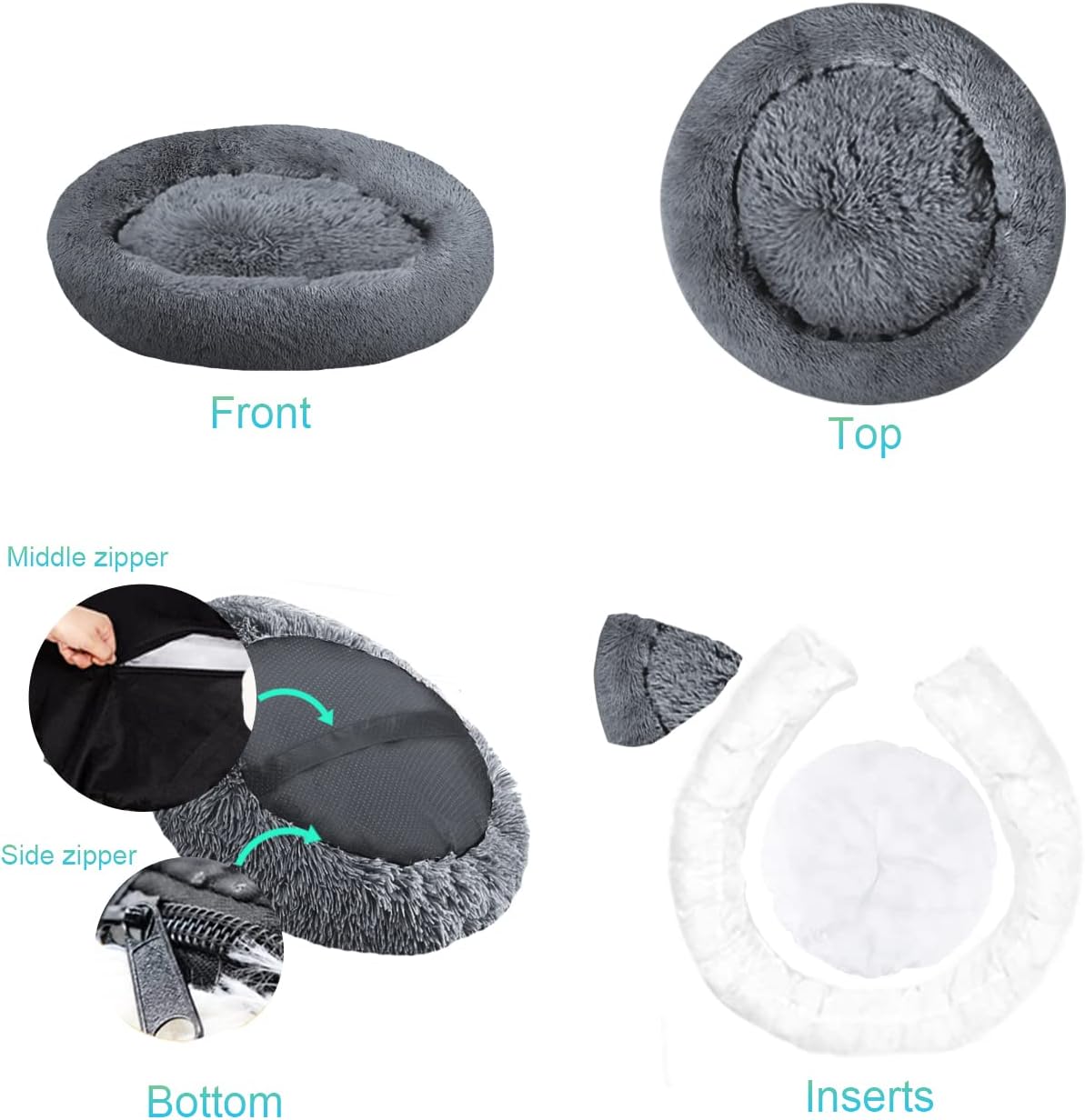 30 inches Calming Donut Dog Bed - 3X Durable Plush Faux Fur, Machine Washable & Non-Slip, Fits up to 45 lbs, Dark Grey