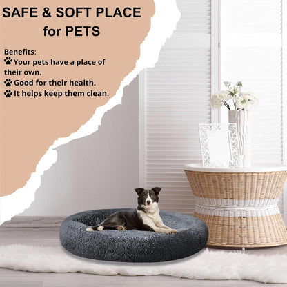 30 inches Calming Donut Dog Bed - 3X Durable Plush Faux Fur, Machine Washable & Non-Slip, Fits up to 45 lbs, Dark Grey