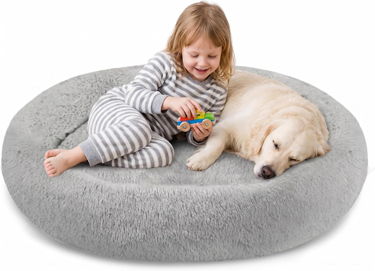 30 inches Calming Donut Dog Bed - 3X Durable Plush Faux Fur, Machine Washable & Non-Slip, Fits up to 45 lbs, Dark Grey