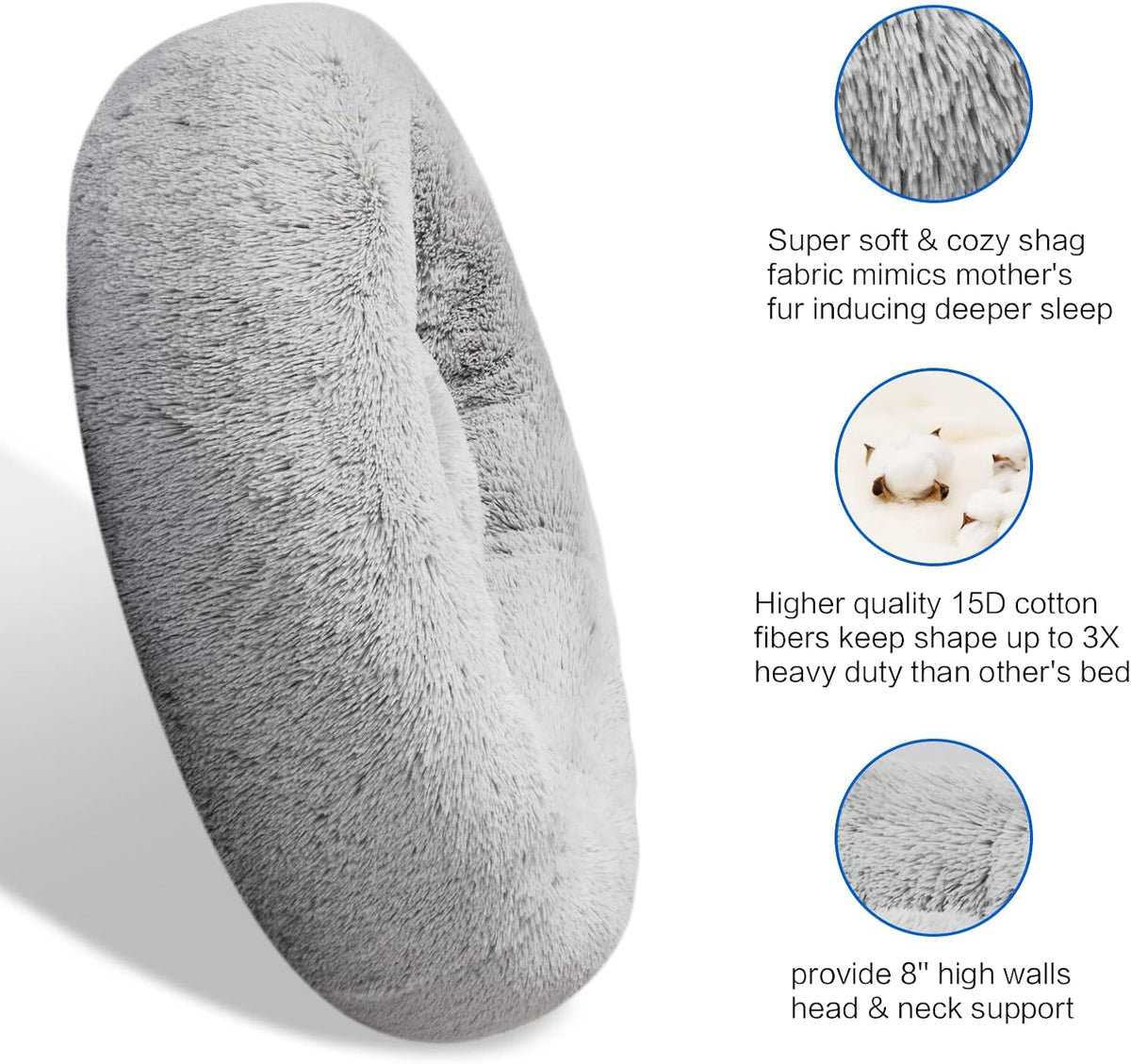 30 inches Calming Donut Dog Bed - 3X Durable Plush Faux Fur, Machine Washable & Non-Slip, Fits up to 45 lbs, Dark Grey