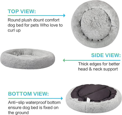 30 inches Calming Donut Dog Bed - 3X Durable Plush Faux Fur, Machine Washable & Non-Slip, Fits up to 45 lbs, Dark Grey