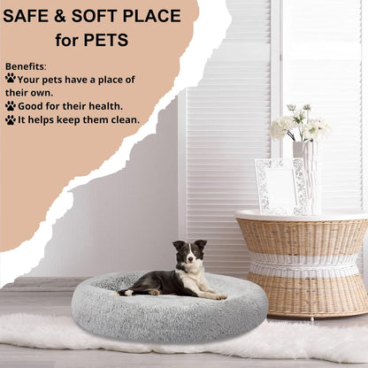 30 inches Calming Donut Dog Bed - 3X Durable Plush Faux Fur, Machine Washable & Non-Slip, Fits up to 45 lbs, Dark Grey