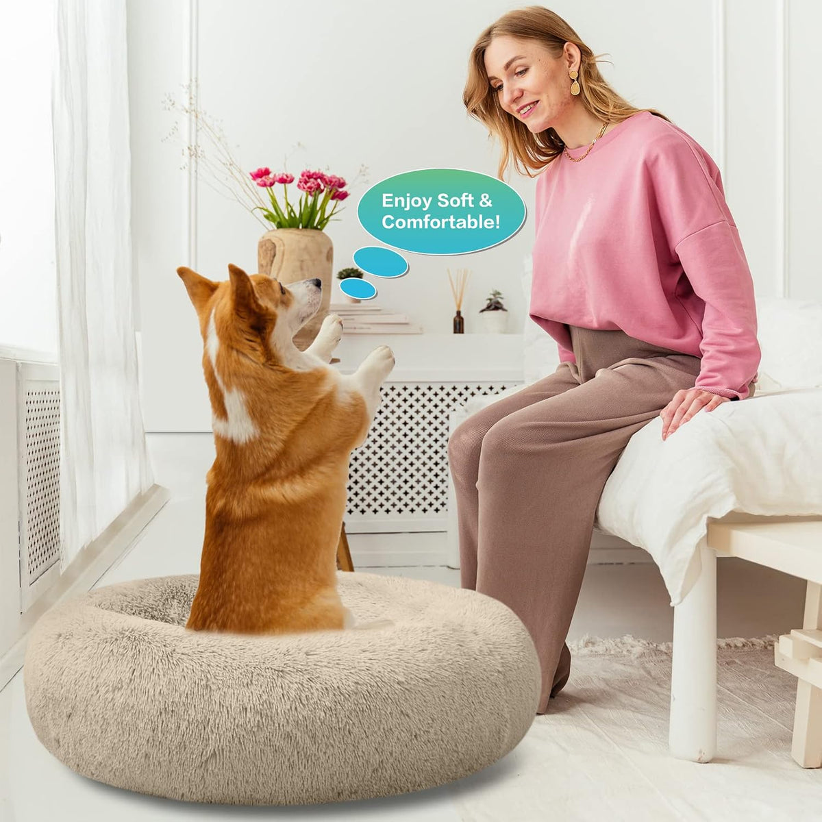 30 inches Calming Donut Dog Bed - 3X Durable Plush Faux Fur, Machine Washable & Non-Slip, Fits up to 45 lbs, Dark Grey