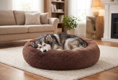 30 inches Calming Donut Dog Bed - 3X Durable Plush Faux Fur, Machine Washable & Non-Slip, Fits up to 45 lbs, Dark Grey