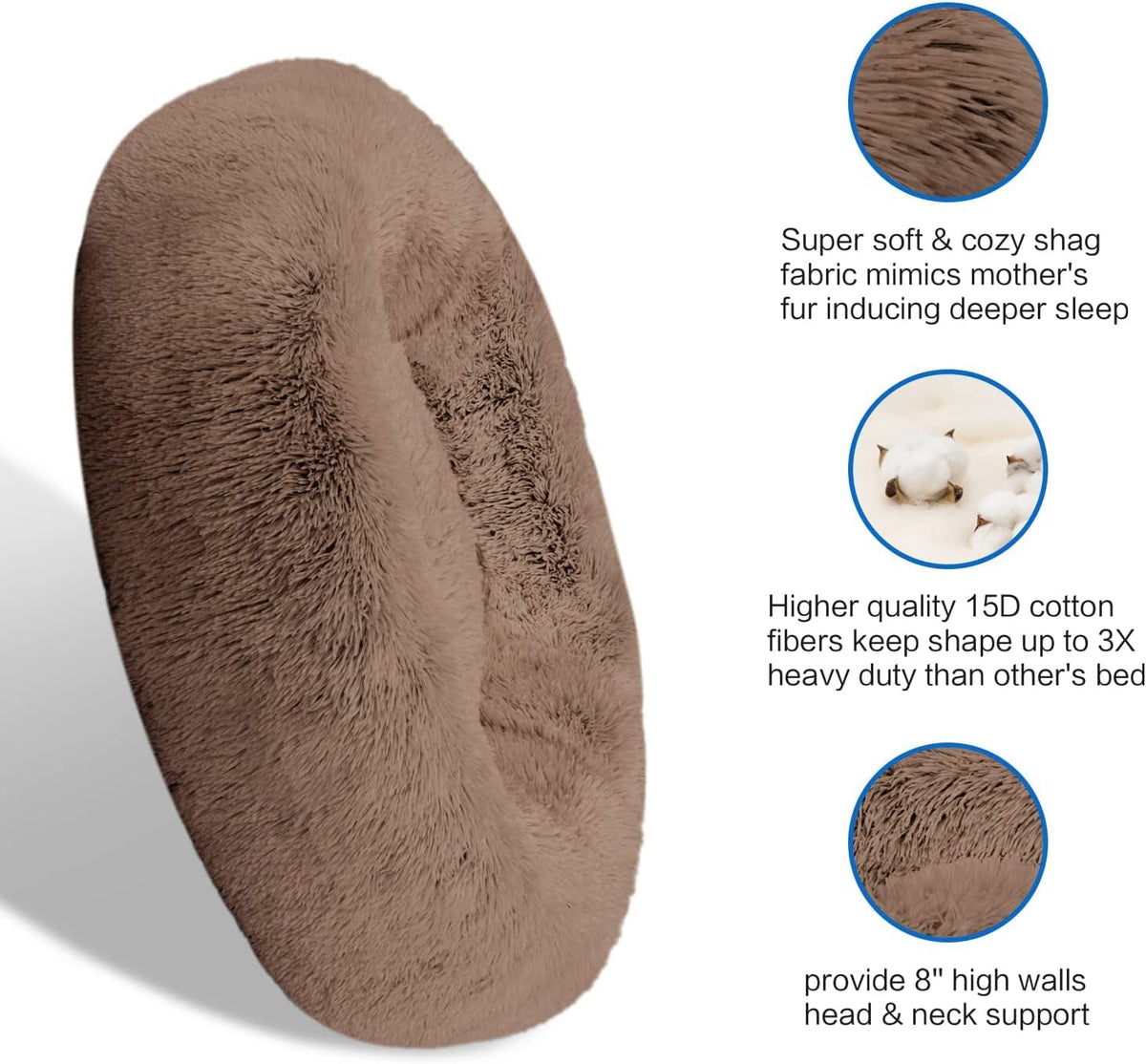 30 inches Calming Donut Dog Bed - 3X Durable Plush Faux Fur, Machine Washable & Non-Slip, Fits up to 45 lbs, Dark Grey