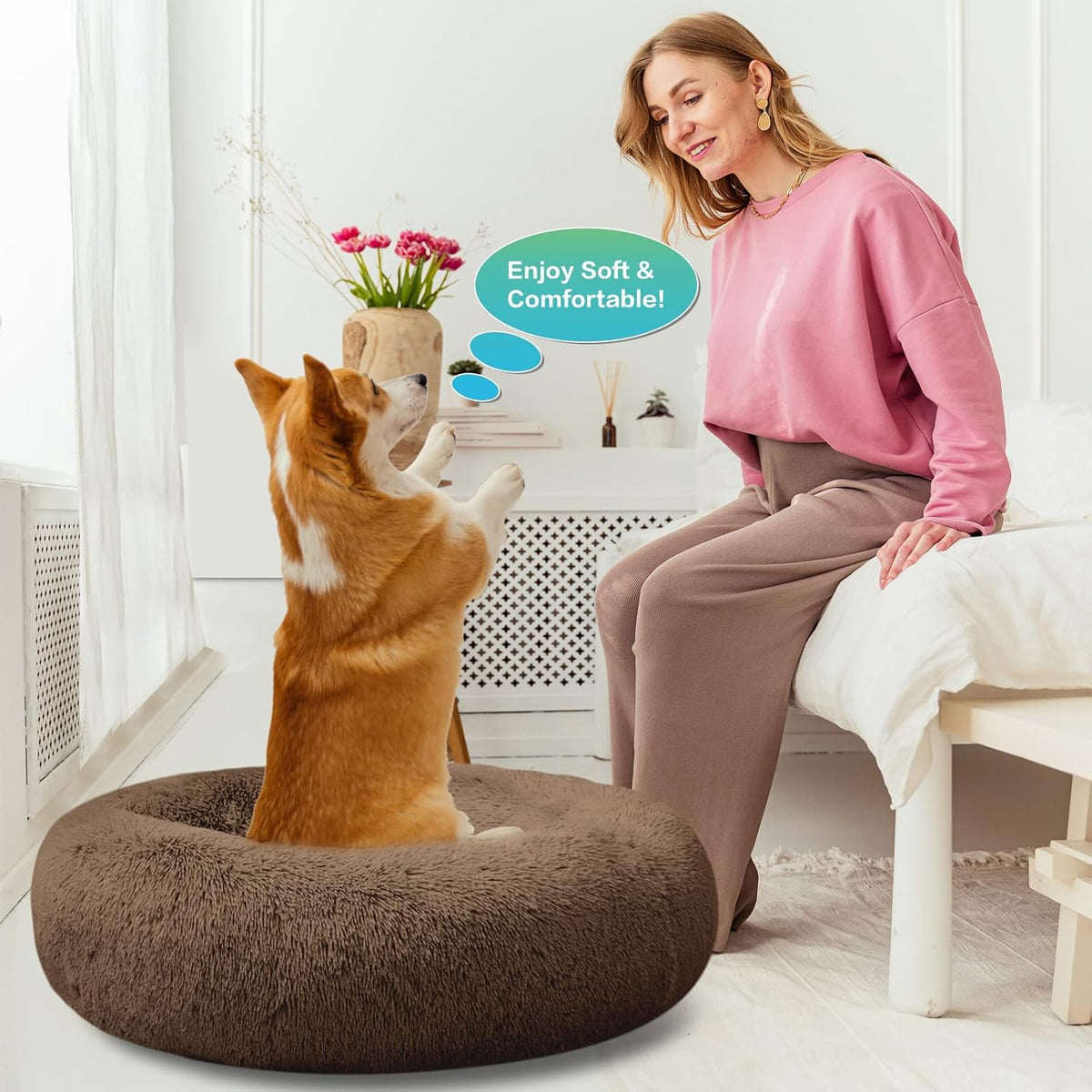 30 inches Calming Donut Dog Bed - 3X Durable Plush Faux Fur, Machine Washable & Non-Slip, Fits up to 45 lbs, Dark Grey