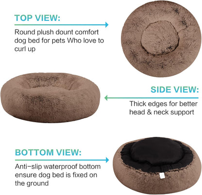 30 inches Calming Donut Dog Bed - 3X Durable Plush Faux Fur, Machine Washable & Non-Slip, Fits up to 45 lbs, Dark Grey