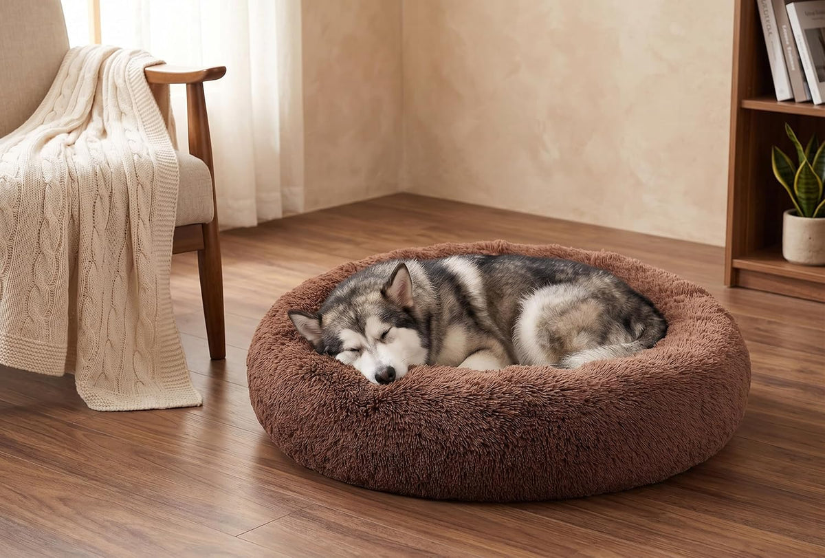 30 inches Calming Donut Dog Bed - 3X Durable Plush Faux Fur, Machine Washable & Non-Slip, Fits up to 45 lbs, Dark Grey