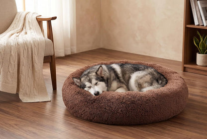 30 inches Calming Donut Dog Bed - 3X Durable Plush Faux Fur, Machine Washable & Non-Slip, Fits up to 45 lbs, Dark Grey