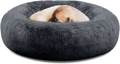 30 inches Calming Donut Dog Bed - 3X Durable Plush Faux Fur, Machine Washable & Non-Slip, Fits up to 45 lbs, Dark Grey