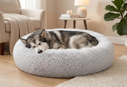 30 inches Calming Donut Dog Bed - 3X Durable Plush Faux Fur, Machine Washable & Non-Slip, Fits up to 45 lbs, Dark Grey
