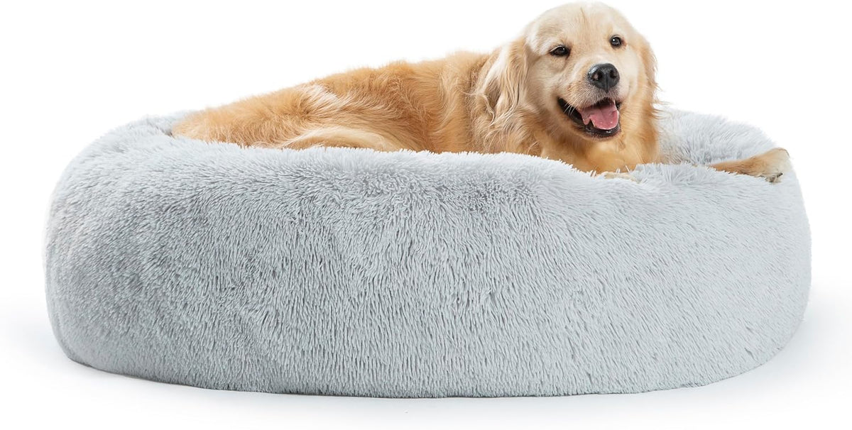 30 inches Calming Donut Dog Bed - 3X Durable Plush Faux Fur, Machine Washable & Non-Slip, Fits up to 45 lbs, Dark Grey