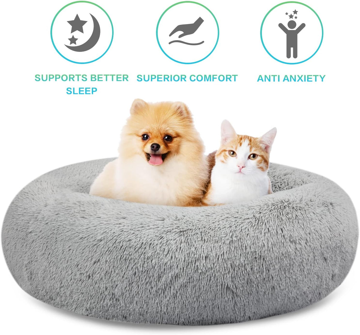 30 inches Calming Donut Dog Bed - 3X Durable Plush Faux Fur, Machine Washable & Non-Slip, Fits up to 45 lbs, Dark Grey