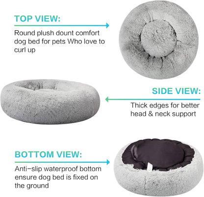 30 inches Calming Donut Dog Bed - 3X Durable Plush Faux Fur, Machine Washable & Non-Slip, Fits up to 45 lbs, Dark Grey