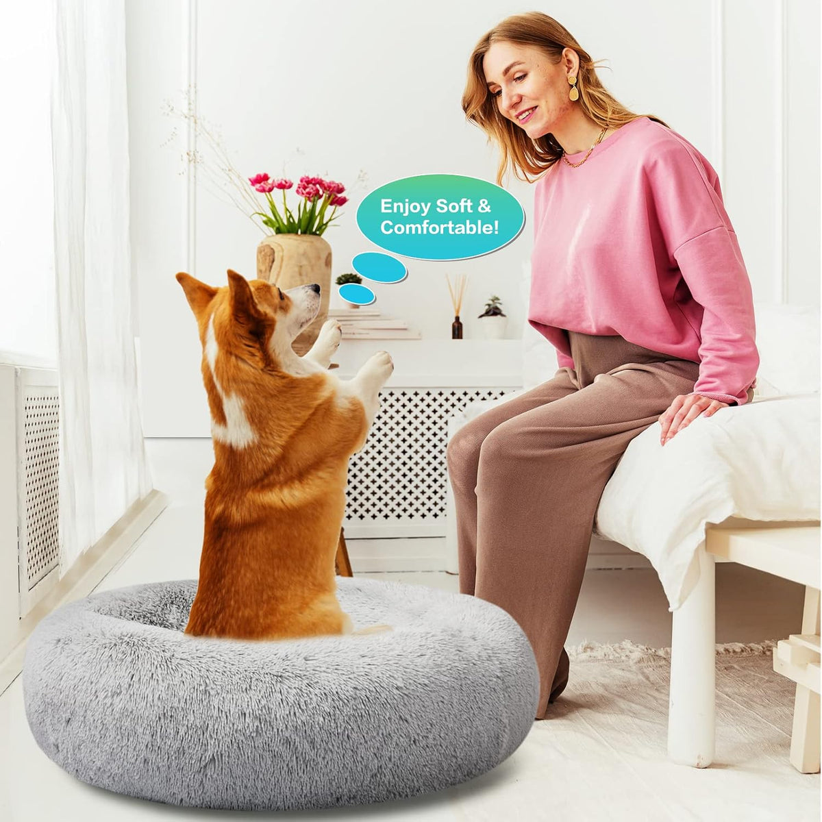 30 inches Calming Donut Dog Bed - 3X Durable Plush Faux Fur, Machine Washable & Non-Slip, Fits up to 45 lbs, Dark Grey