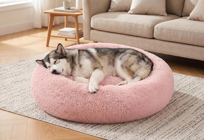 30 inches Calming Donut Dog Bed - 3X Durable Plush Faux Fur, Machine Washable & Non-Slip, Fits up to 45 lbs, Dark Grey