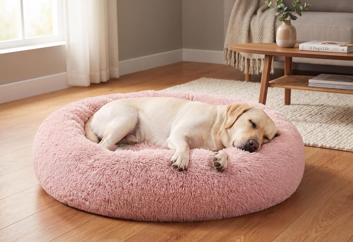 30 inches Calming Donut Dog Bed - 3X Durable Plush Faux Fur, Machine Washable & Non-Slip, Fits up to 45 lbs, Dark Grey