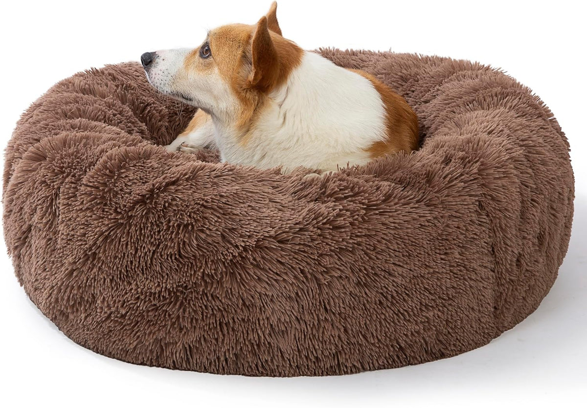 30 inches Calming Donut Dog Bed - 3X Durable Plush Faux Fur, Machine Washable & Non-Slip, Fits up to 45 lbs, Dark Grey