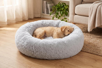 30 inches Calming Donut Dog Bed - 3X Durable Plush Faux Fur, Machine Washable & Non-Slip, Fits up to 45 lbs, Dark Grey