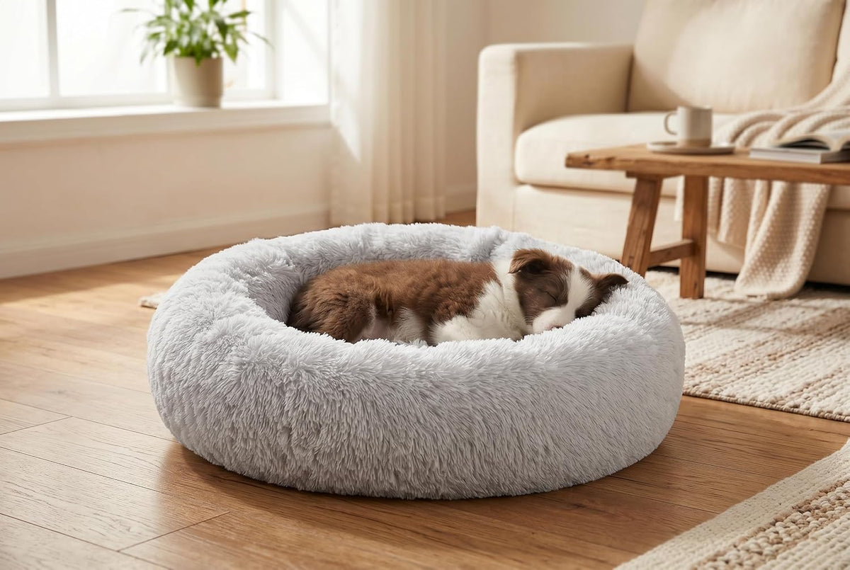 30 inches Calming Donut Dog Bed - 3X Durable Plush Faux Fur, Machine Washable & Non-Slip, Fits up to 45 lbs, Dark Grey