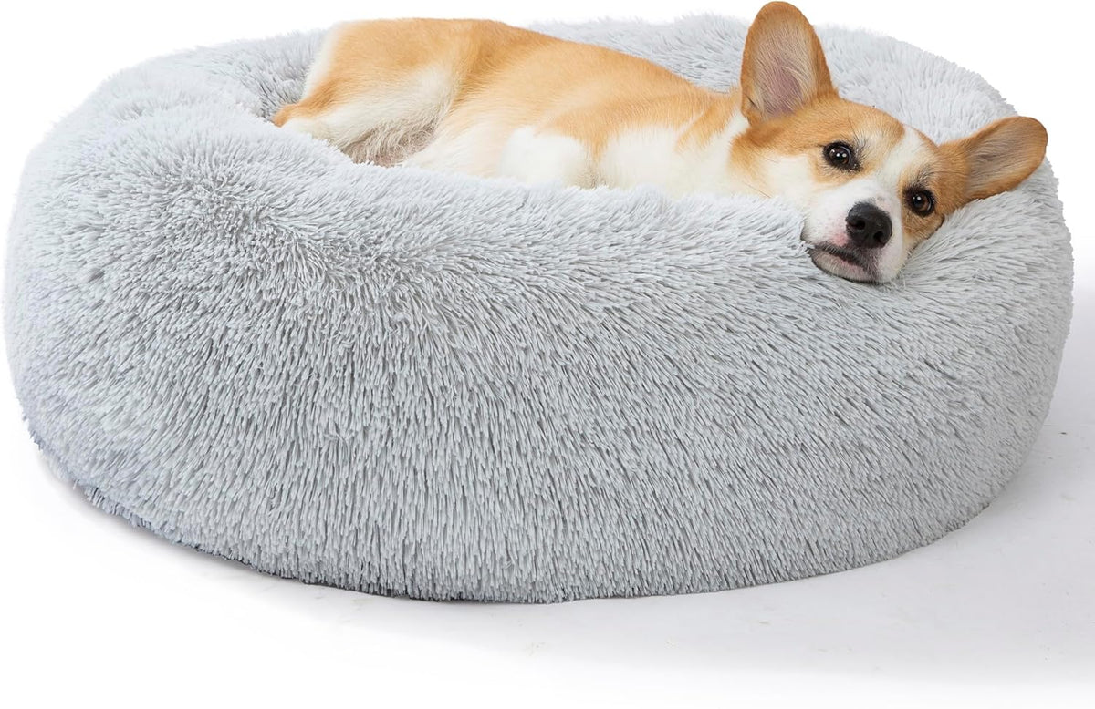 30 inches Calming Donut Dog Bed - 3X Durable Plush Faux Fur, Machine Washable & Non-Slip, Fits up to 45 lbs, Dark Grey