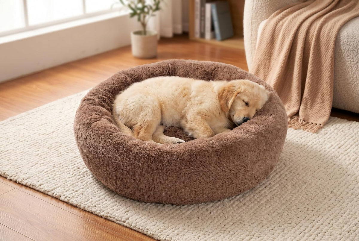 30 inches Calming Donut Dog Bed - 3X Durable Plush Faux Fur, Machine Washable & Non-Slip, Fits up to 45 lbs, Dark Grey
