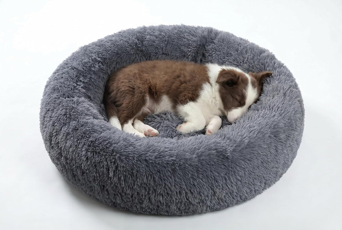 30 inches Calming Donut Dog Bed - 3X Durable Plush Faux Fur, Machine Washable & Non-Slip, Fits up to 45 lbs, Dark Grey