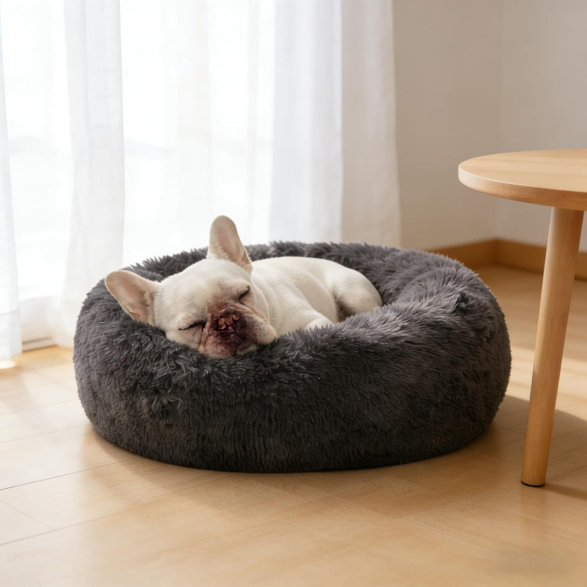 30 inches Calming Donut Dog Bed - 3X Durable Plush Faux Fur, Machine Washable & Non-Slip, Fits up to 45 lbs, Dark Grey