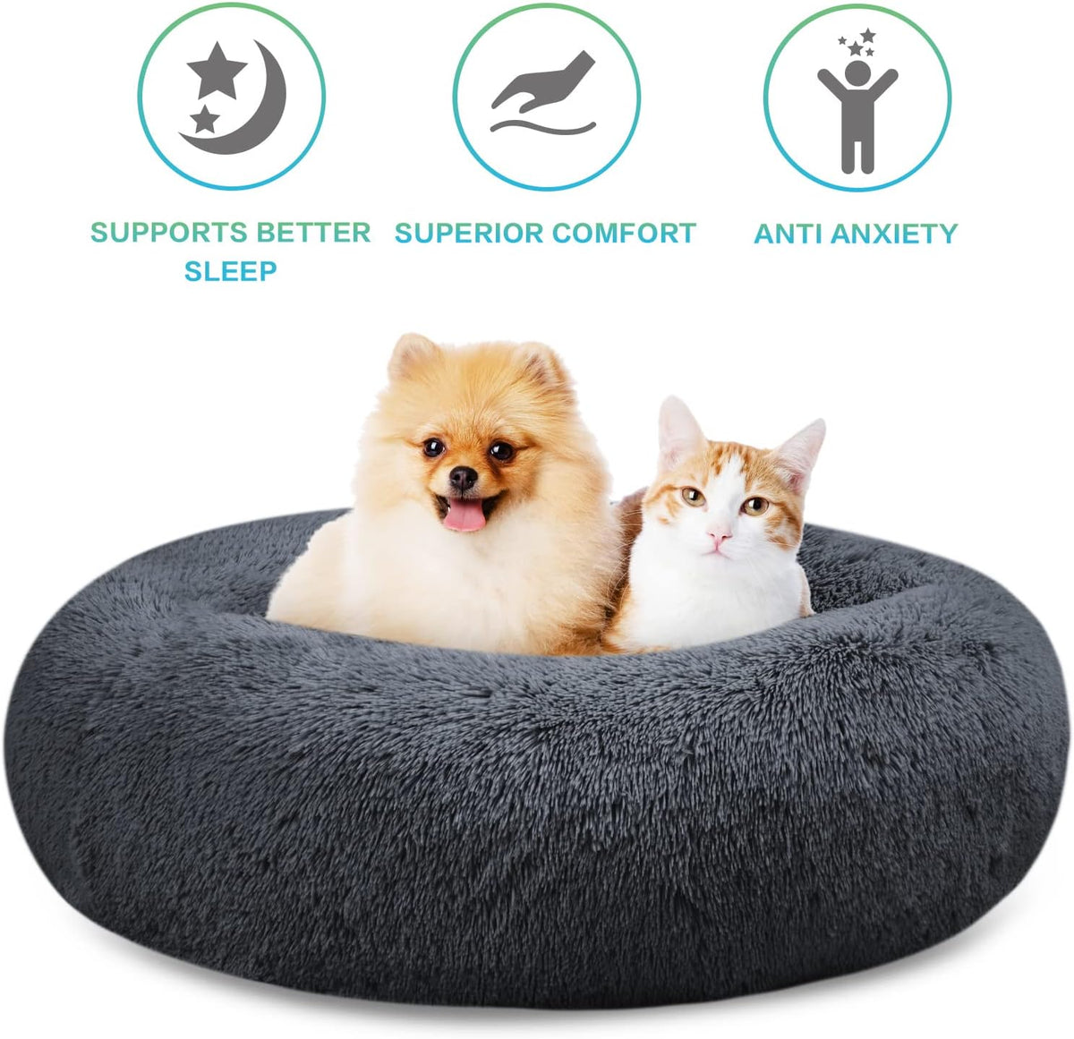 30 inches Calming Donut Dog Bed - 3X Durable Plush Faux Fur, Machine Washable & Non-Slip, Fits up to 45 lbs, Dark Grey