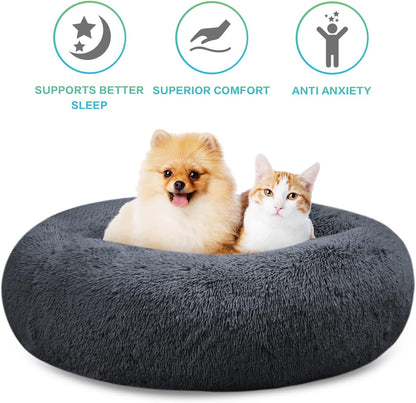 30 inches Calming Donut Dog Bed - 3X Durable Plush Faux Fur, Machine Washable & Non-Slip, Fits up to 45 lbs, Dark Grey