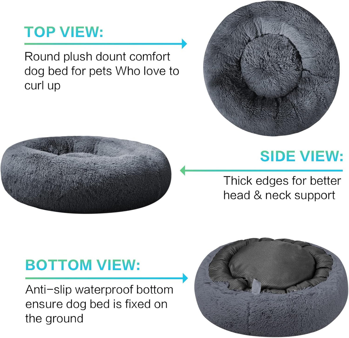 30 inches Calming Donut Dog Bed - 3X Durable Plush Faux Fur, Machine Washable & Non-Slip, Fits up to 45 lbs, Dark Grey