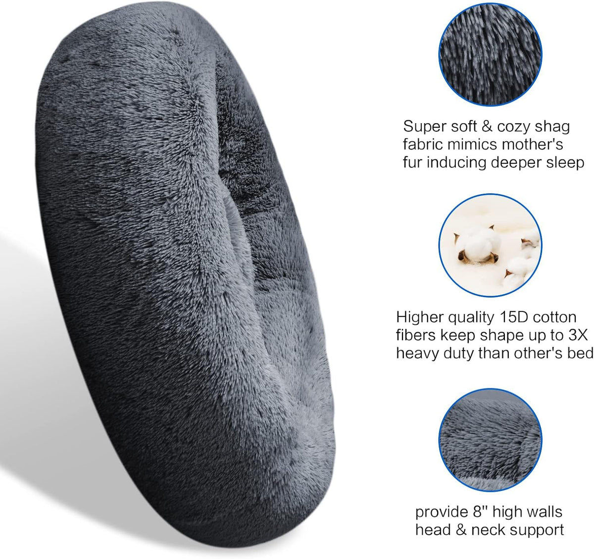 30 inches Calming Donut Dog Bed - 3X Durable Plush Faux Fur, Machine Washable & Non-Slip, Fits up to 45 lbs, Dark Grey