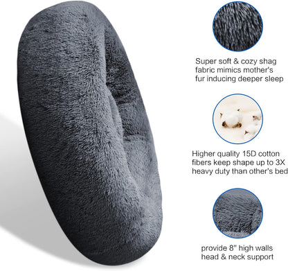 30 inches Calming Donut Dog Bed - 3X Durable Plush Faux Fur, Machine Washable & Non-Slip, Fits up to 45 lbs, Dark Grey